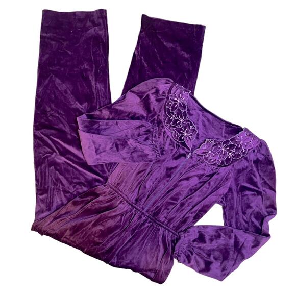 Vtg Velvet Floral Appliqué Elastic Waist Wide Leg Loungewear Jumpsuit Size S - Picture 2 of 6